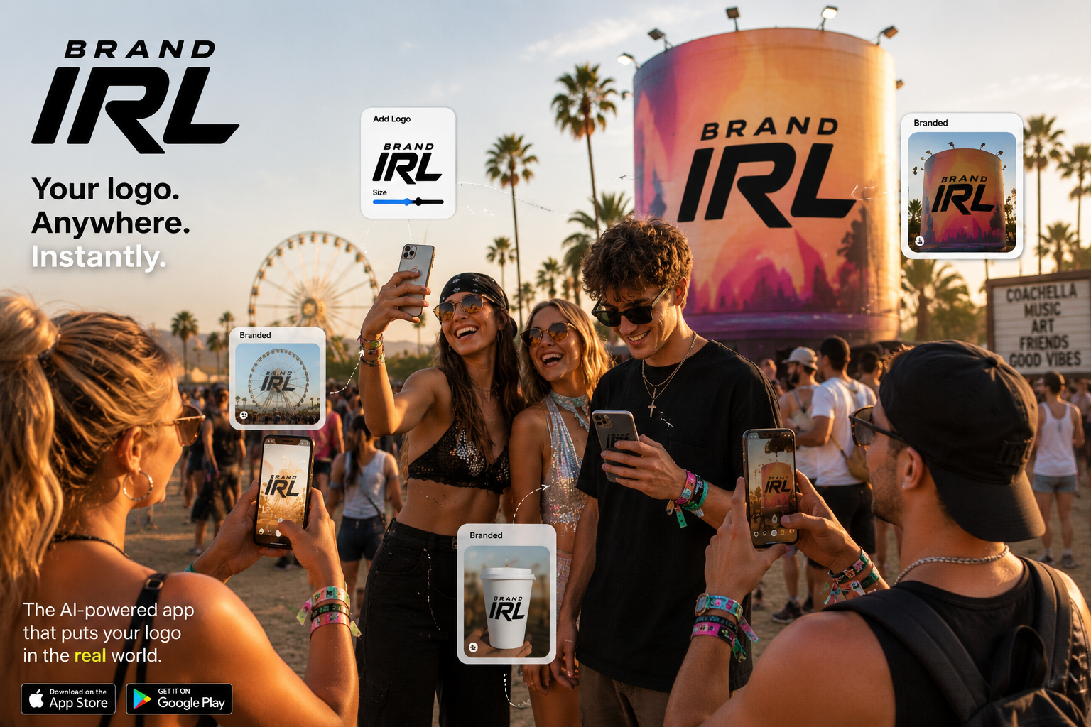 BrandIRL — Your logo. Anywhere. Instantly. AI-powered logo placement shown at a festival scene.